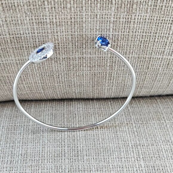 925 Sterling Silver Bracelet Blue Faux Stone Crystal Accent Cuff Wrist Band New - Picture 2 of 12